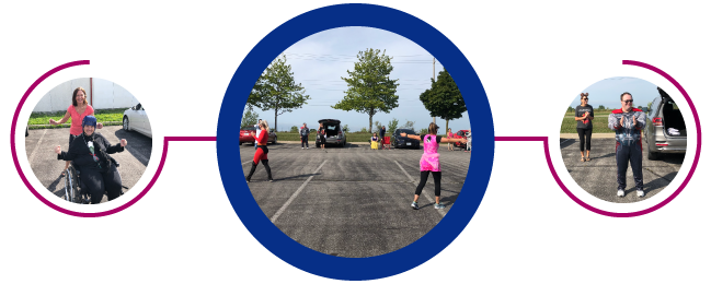 dance-fit-collage.png Three connected circles with magenta lines show intstuctors and participants enjoying the parking lot dance fit program