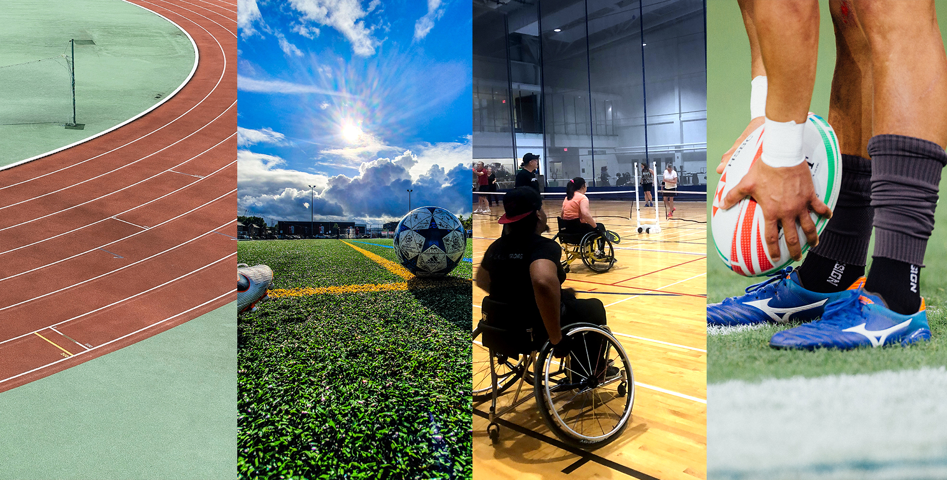 the bend of an outdoor track, a soccer ball on the field, a court with pickleball players, and a person holding a rugby ball.