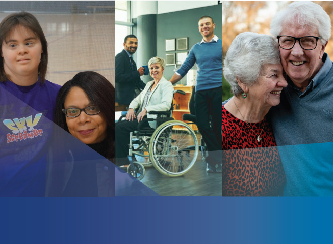 A diverse collage. To the left, 2 women smile at a camera. Centre: a male stands beside a woman sitting in a wheelchair with another male standing beside her. Seniors on the right embrace and smile