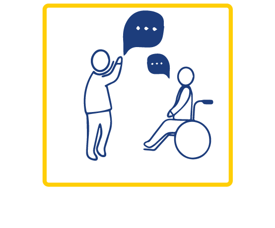 Outlined in blue is a  person on a wheelchair icon and a person standing icon talking with eachother