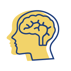 health-and-wellness icon is a blue outline of a human head looking left with the outline of a brain. The same image in yellow is outlined in the background