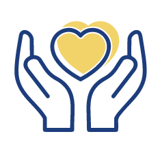 quaility-of-life icon shows two hands outlined in blue with a heart that has a yellow hard inside