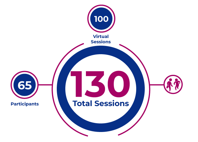 TR-Sessions.png Pie graph representing 130 total sessions, 65 participants, and 100 virtual sessions