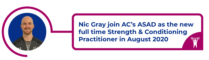 Photo of Nic Gray with text to the right: Nic Gray joins AC's ASAD as the new full time strength and conditioning practitioner in August 2020